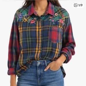 Qps VTG Embroidered Plaid Women's Button Up Top Size Small